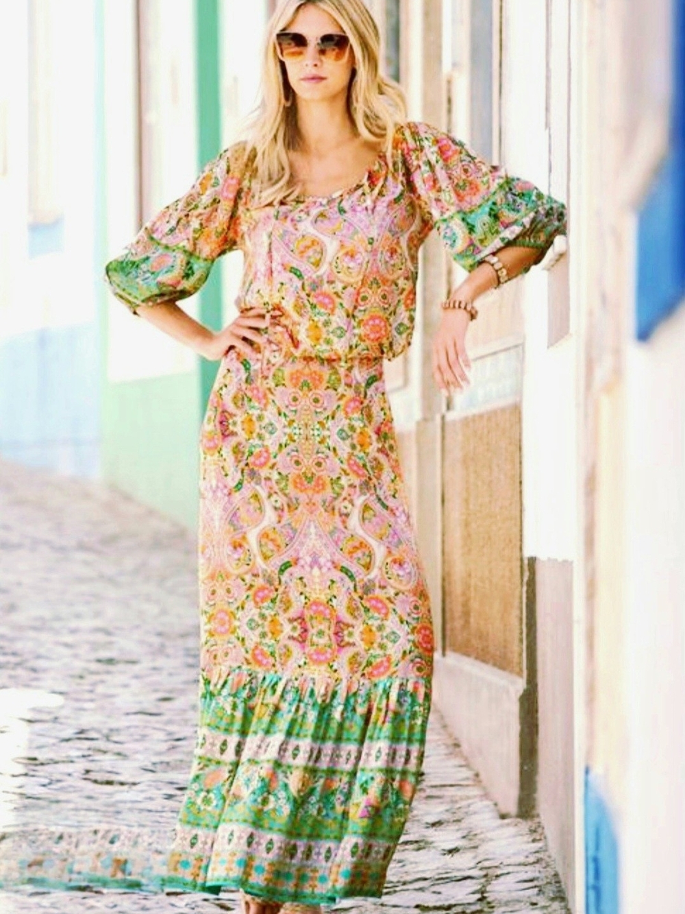 Boston Proper Floral Paisley Blouse And Skirt Set in Pink & Green
